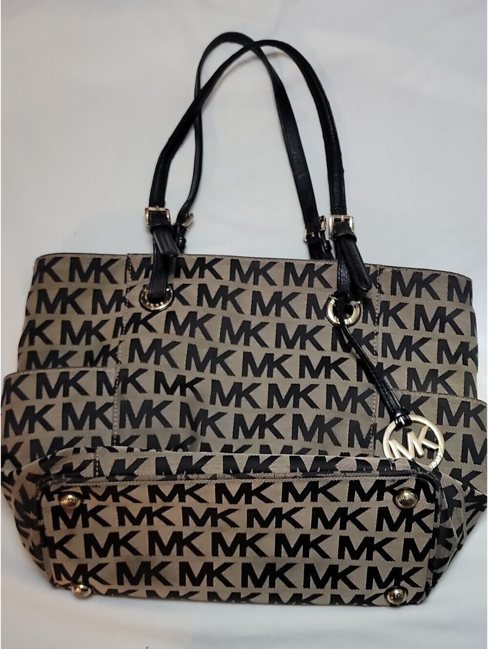 Michael Kors Large Black Signature Jet Set Shoulder Bag Tote Three Compartments